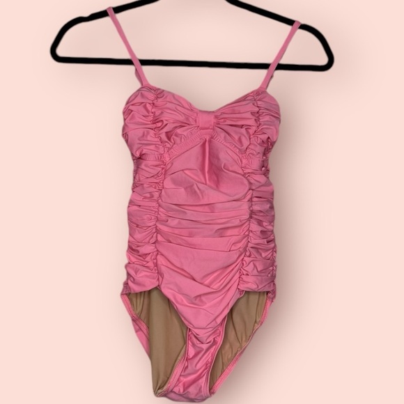 VINTAGE LISA CURRAN RUTCHED SWEETHEART  PINK SWIMSUIT - Picture 1 of 5